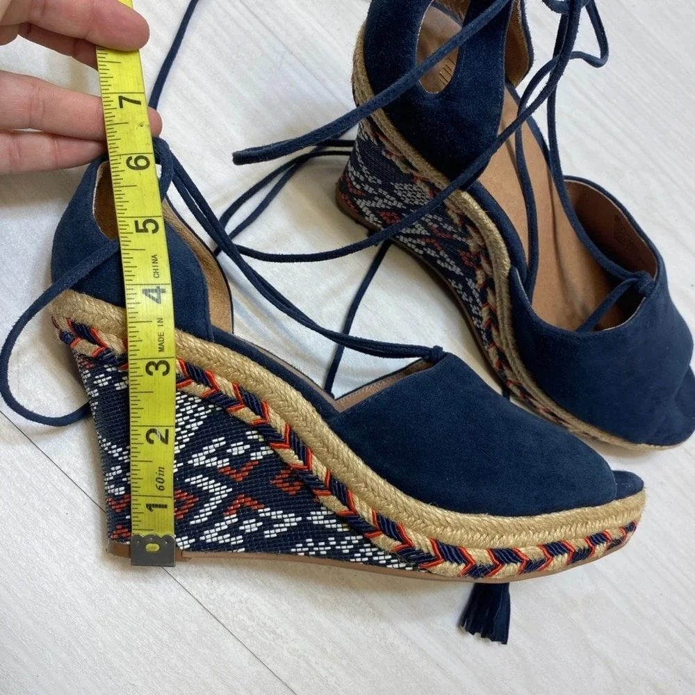Cabi Navy Blue Suede Espadrille Wedge Sandals Lace Up Tassel‎ Embroidered 8M